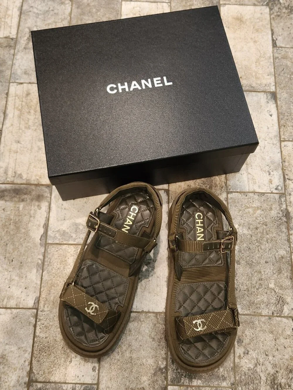 Khaki Chanel Slingback Sandals, Authentic, LNWT